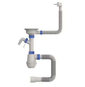 Сифон для кухні MIXXUS SK-05-WH 3 1/2"x40 з пластиковою білою сіткою, відводом для пральної машини, гнучким прямокутним переливом (MI8193)