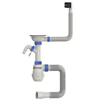 Сифон для кухні MIXXUS SK-02-B 3 1/2"x40 з нержавіючою сіткою, відводом для пральної машини, гнучким прямокутним переливом (MI8195)