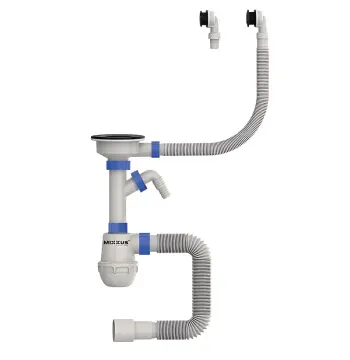 Сифон для кухні MIXXUS SK-06-BL 3 1/2"x40 з пластиковою чорною сіткою, відводом для пральної машини, гнучким круглим переливом (MI8196)