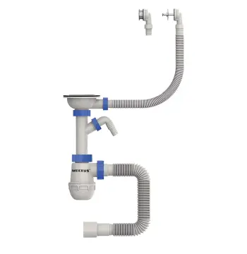 Сифон для кухні MIXXUS SK-07-B 3 1/2"x40 з нержавіючою сіткою, відводом для пральної машини, гнучким круглим переливом (MI8199)