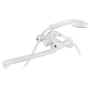 Смеситель для ванны PLAMIX OMEGA-140 белый пластиковый с длинным изливом и душевым набором (MX9579)
