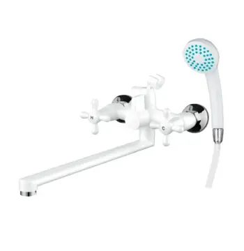 Смеситель для ванной PLAMIX Sirius-140 белый глянцевый из abs-пластика, двухвентильный с длинным поворотным изливом 320 мм и душевым набором (PM0637)