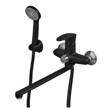 Смеситель для ванны Plamix CEZAR-006 пластиковый черный матовый с длинным поворотным изливом и душевым набором (PM0690)