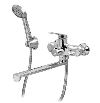 Смеситель для ванны Plamix Lucas-006 пластиковый хромированный с длинным поворотным изливом и душевым набором (PM0710)