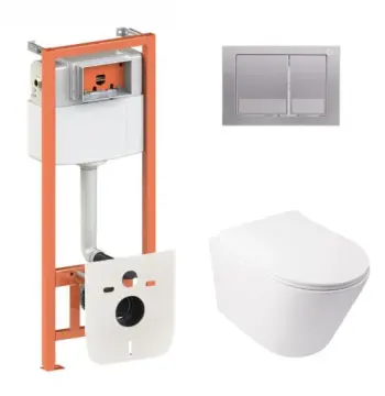 Готовое решение Qtap для ванной комнаты: подвесной унитаз Swan Ultra Quiet 485x360x320 + комплект инсталляции Nest 4 в 1 (квадратная клавиша Satin)