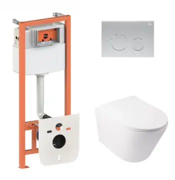 Готовое решение Qtap для ванной комнаты: подвесной унитаз Swan Ultra Quiet 485x360x320 + комплект инсталляции Nest 4 в 1 (круглая клавиша Satin)