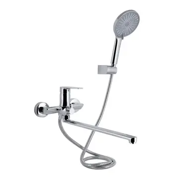 Смеситель для ванны Qtap Leo New QTLEO2601CRM45562 латунный хромированный с длинным поворотным изливом и душевым гарнитуром (QTLEO2601CRM45562)
