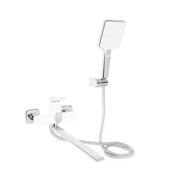 Смеситель для ванны Qtap Presto латунный хром/белый с длинным поворотным изливом и душевым гарнитуром (QTPRE2601CRW45578)