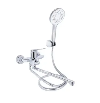 Смеситель для ванны Qtap Vlasta New 260 латунный хромированный с длинным поворотным изливом и душевым гарнитуром (QTVLA260CRM45644)