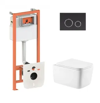 Готовое решение Qtap для ванной комнаты: подвесной унитаз Gemini Ultra Quiet 520×360×350 + комплект инсталляции Nest 4 в 1 (круглая клавиша Matt Black)