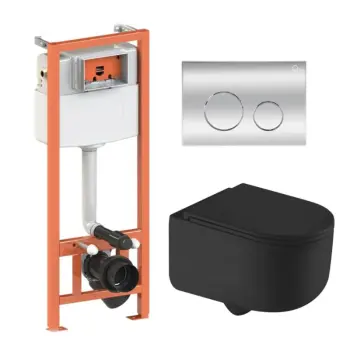 Инсталляция 4 в 1 Qtap Nest с подвесным унитазом Taurus Ultra Quiet, черный матовый, с круглой хромированной клавишей и сиденьем микролифт (QT2433084EUQMB46184)