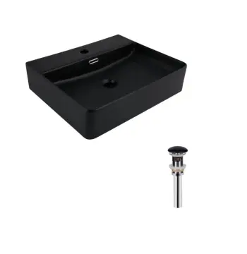 Комплект Qtap Nando LT: Раковина подвесная прямоугольная 500х420х130 мм Matt Black + Донный клапан PU03O
