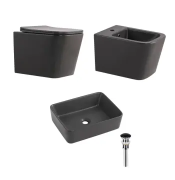 Подвесной комплект сантехники 3 в 1 Qtap Tern керамический антрацит с унитазом Ultra Quiet и накладной раковиной (QTTERAN49161)