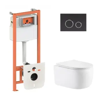 Комплект инсталляции 4 в 1 Qtap Nest / Taurus с безободковым унитазом, черной матовой клавишей и ультратихой системой смыва Ultra Quiet (QTTAU26W4911649874)