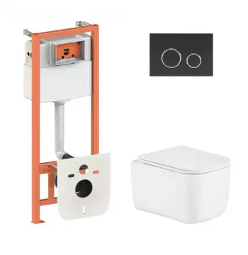 Комплект инсталляции с унитазом 4 в 1 Qtap Nest / Gemini Ultra Quiet с черной матовой клавишей, безободковый (QTTAU26W4911949884)
