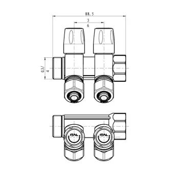 Коллектор для теплого пола ITAL 2 выхода 3/4"x16*2 никелированный с регулирующими вентилями и переходом под евроконус