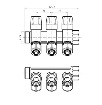 Коллектор для теплого пола ITAL 3 выхода никелированный 3/4"x16*2 с регулировочными вентилями и переходником под евроконус