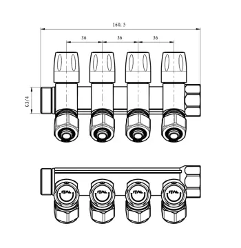Коллектор для тёплого пола ITAL 4 выхода никелированный 3/4"x16*2 с регулирующими вентилями и переходом под евроконус