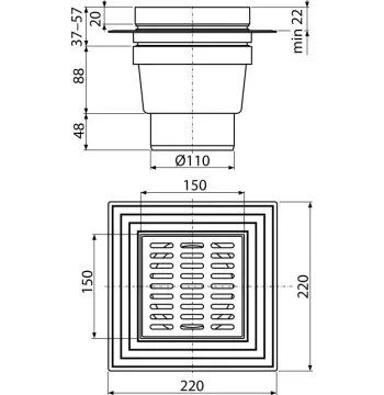 Трап для душа ALCA PLAST APV13 150x150/110 мм из нержавеющей стали с прямым выпуском.