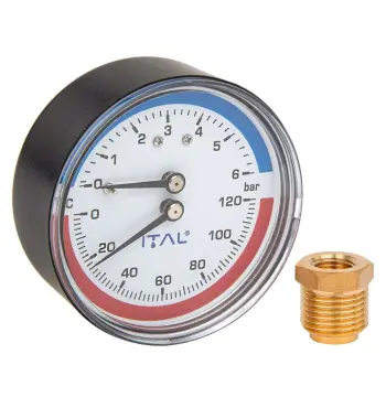 Термоманометр Ø63 фронтальний ITAL (6 бар, 120*С) 1/4" + 1/2" футорка з клапаном (PM-IT0011)
