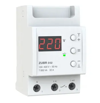 Реле напруги ZUBR D32 (32А, підключ. низ, 3 Din, контроль/демонстація напруги)