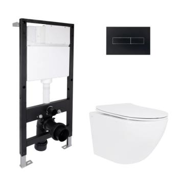 Готовое решение Qtap для ванной комнаты: подвесной унитаз Jay Rimless 485x360x320 + комплект инсталляции Standard (линейная кнопка Black)