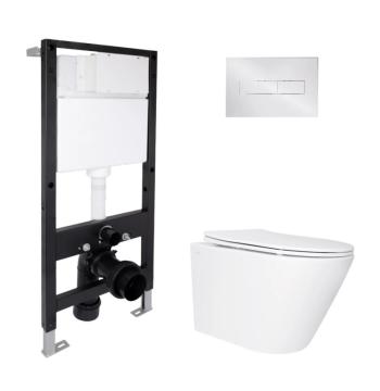 Готовое решение Qtap для ванной комнаты: подвесной унитаз Swan Ultra Quiet 485x360x320 + комплект инсталляции Standard (линейная кнопка Chrome)