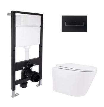 Готовое решение Qtap для ванной комнаты: подвесной унитаз Swan Rimless 520x360x320 + комплект инсталляции Standard (линейная кнопка Black)