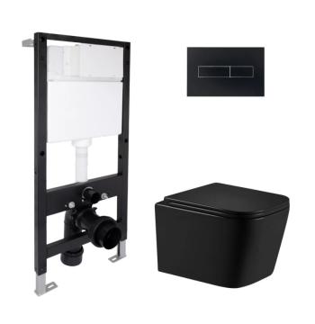 Готовое решение Qtap для ванной комнаты: подвесной унитаз Crow Ultra Quiet 485x340x290 + комплект инсталляции Standard (линейная кнопка Black)