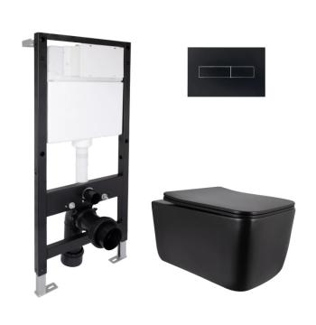 Готовое решение Qtap для ванной комнаты: подвесной унитаз Gemini Ultra Quiet 520x360x350 + комплект инсталляции Standard (линейная кнопка Black)