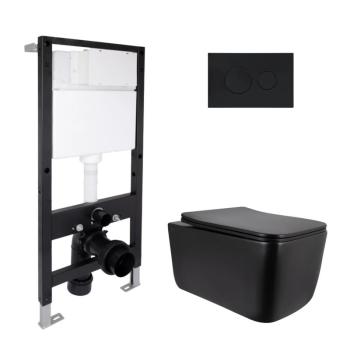 Готовое решение Qtap для ванной комнаты: подвесной унитаз Gemini Ultra Quiet 520x360x350 + комплект инсталляции Standard (круглая кнопка Black)