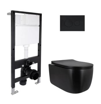 Готовое решение Qtap для ванной комнаты: подвесной унитаз Taurus Ultra Quiet 515x360x350 + комплект инсталляции Standard (круглая кнопка Black)