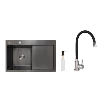 Акционный набор Lidz: мойка H7849BR интегрированная крыло справа Brushed Black PVD 3,0/1,0 мм + Смеситель Aria для кухни с гибким изливом (k35) Black