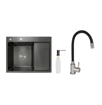 Акционный набор Lidz: мойка H6350BR интегрированная крыло справа Brushed Black PVD 3,0/1,0 мм + Смеситель Aria для кухни с гибким изливом (k35) Black