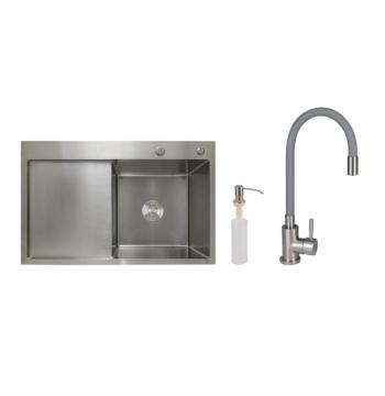 Акционный набор Lidz: мойка H7849L интегрированная крыло слева Brushed Steel 3,0/1,0 мм + Смеситель Aria для кухни с гибким изливом (k35) Grey