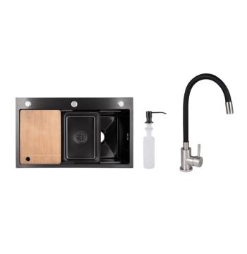 Акционный набор Lidz: мойка интегрированная Decor Black PVD Honeycomb 3,0/1,0 мм + Смеситель Aria для кухни с гибким изливом (k35) Black
