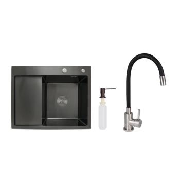 Акционный набор Lidz: мойка H6350BL интегрированная крыло слева Brushed Black PVD 3,0/1,0 мм + Смеситель Aria для кухни с гибким изливом (k35) Black