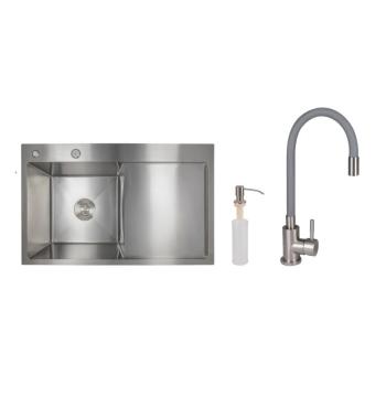 Акционный набор Lidz: мойка H7849R интегрированная крыло справа Brushed Steel 3,0/1,0 мм + Смеситель Aria для кухни с гибким изливом (k35) Grey