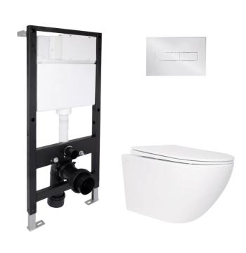 Готовое решение Qtap для ванной комнаты: подвесной унитаз Jay Rimless 520x360x320 + комплект инсталляции Standard (линейная кнопка Chrome)