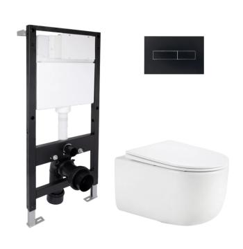 Готовое решение Qtap для ванной комнаты: подвесной унитаз Taurus Ultra Quiet 515x360x350 + комплект инсталляции Standard (линейная кнопка Black)