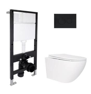 Готовое решение Qtap для ванной комнаты: подвесной унитаз Jay Rimless 520x360x320 + комплект инсталляции Standard (круглая кнопка Black)