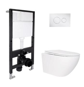 Готовое решение Qtap для ванной комнаты: подвесной унитаз Jay Rimless 520x360x320 + комплект инсталляции Standard (круглая кнопка Chrome)
