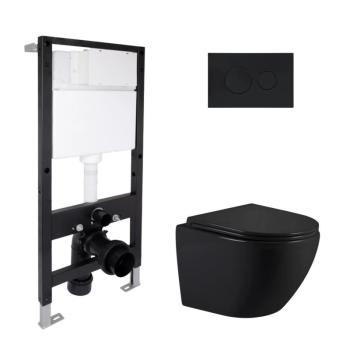 Готовое решение Qtap для ванной комнаты: подвесной унитаз Jay Ultra Quiet 485x360x320 + комплект инсталляции Standard (круглая кнопка Black)