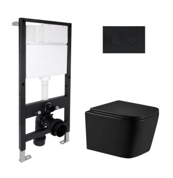 Готовое решение Qtap для ванной комнаты: подвесной унитаз Crow Ultra Quiet 485x340x290 + комплект инсталляции Standard (круглая кнопка Black)