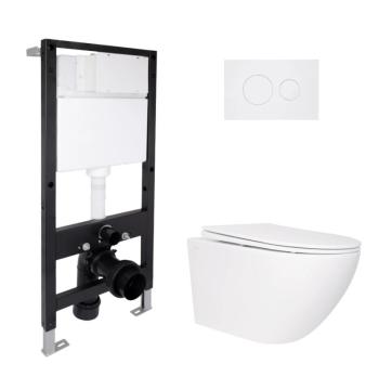 Готовое решение Qtap для ванной комнаты: подвесной унитаз Jay Rimless 520x360x320 + комплект инсталляции Standard (круглая кнопка White)