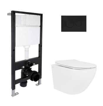 Готовое решение Qtap для ванной комнаты: подвесной унитаз Jay Rimless 485x360x320 + комплект инсталляции Standard (круглая кнопка Black)