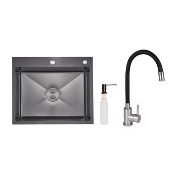 Акционный набор Lidz: мойка интегрированная Decor Black PVD Honeycomb 2,5/0,5 мм + Смеситель Aria для кухни с гибким изливом (k35) Black