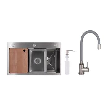 Акционный набор Lidz: мойка H7545 Brushed 3,0/1,0 мм + Смеситель Aria для кухни с гибким изливом (k35) Grey