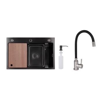Акционный набор Lidz: мойка H6845 Décor Blaсk 3,0/1,0 мм + Смеситель Aria для кухни с гибким изливом (k35) Black